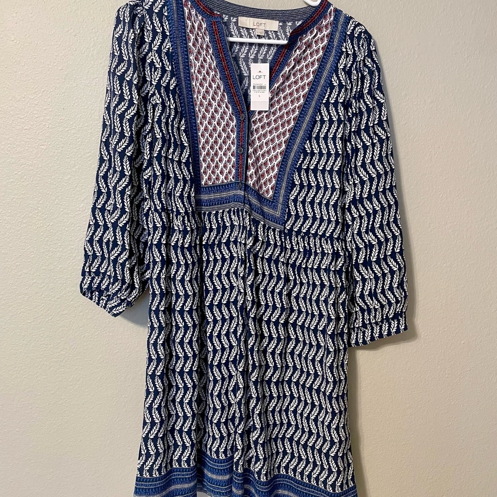 LOFT Navy and White Geometric Dress